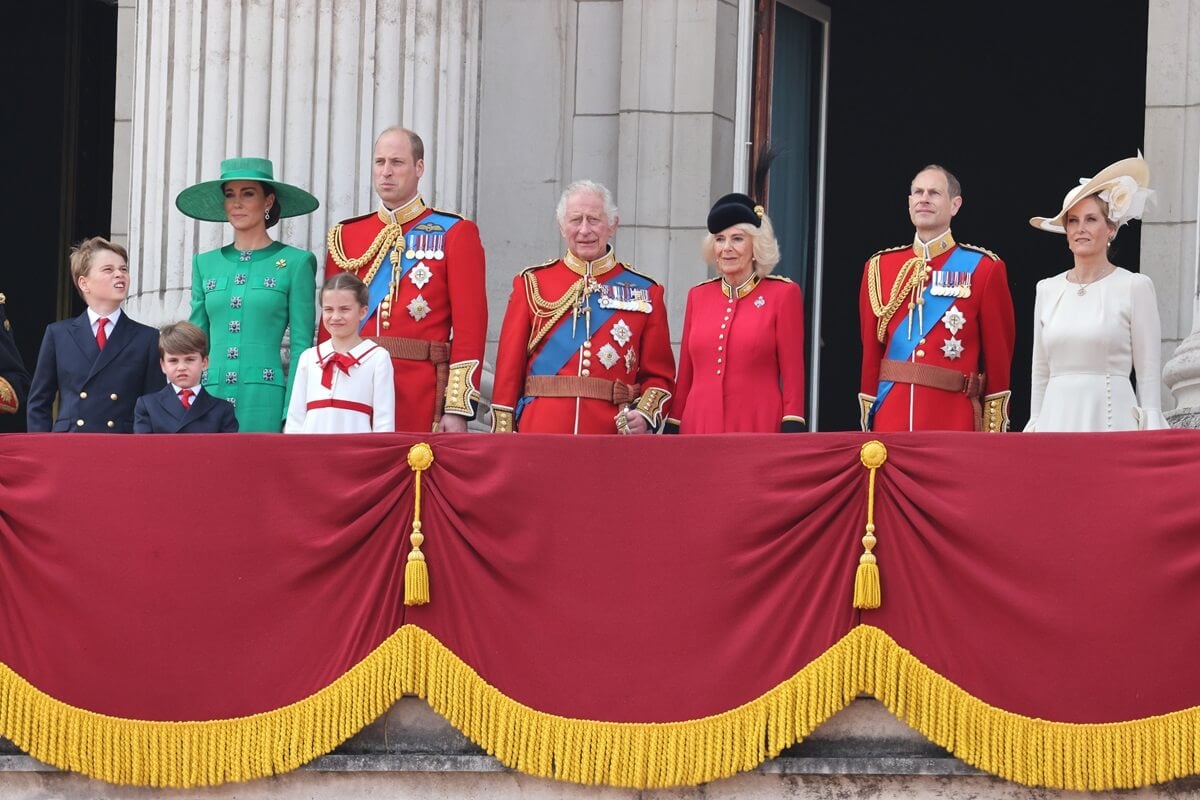 Working members of the British royal family standing on the Buckingham Palace balcony during Trooping the Colour