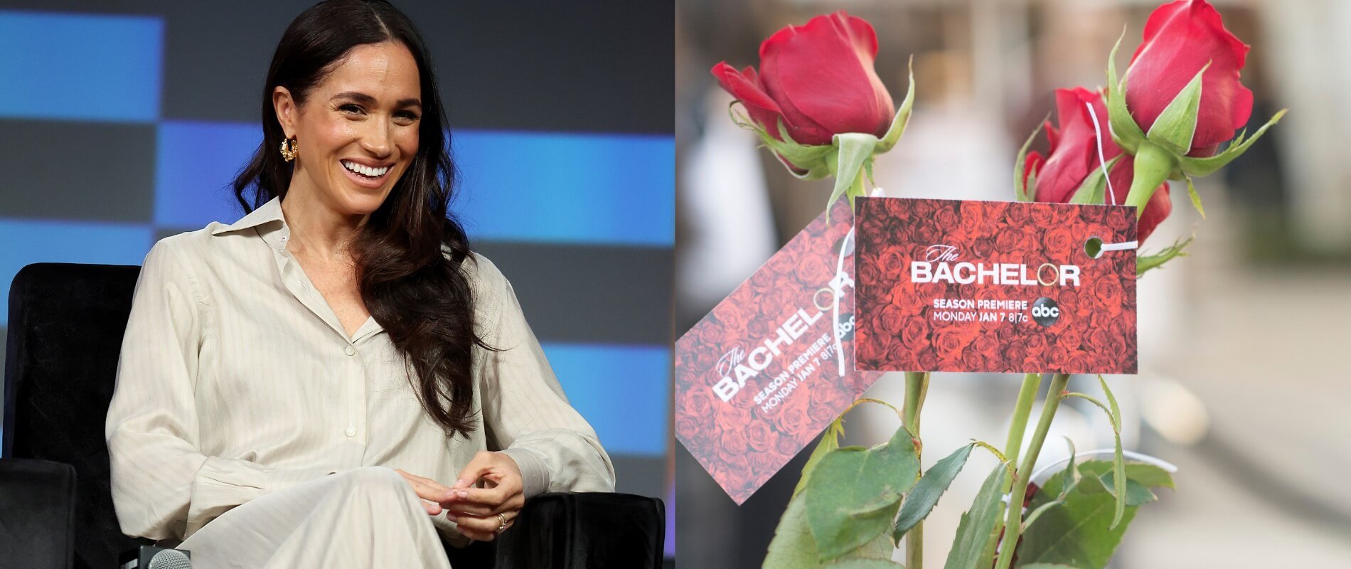 Meghan Markle in a side-by-side image with 'The Bachelor' roses
