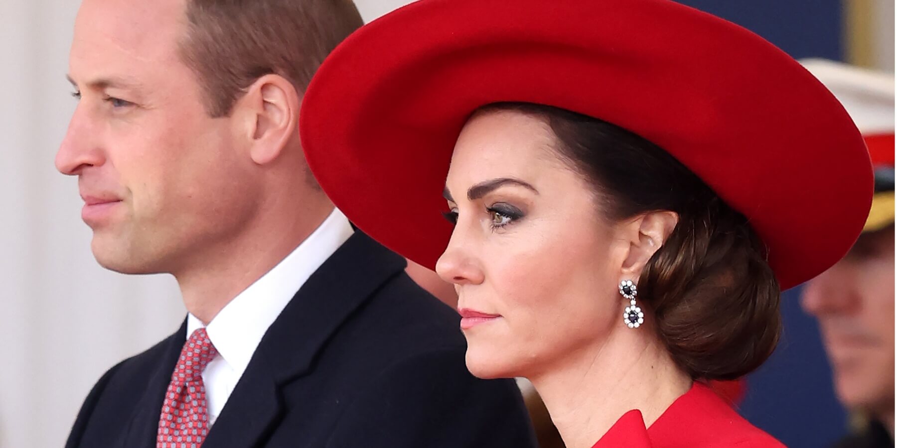 Prince William, Prince of Wales and Catherine, Princess of Wales attend a ceremonial welcome for The President and the First Lady of the Republic of Korea at Horse Guards Parade on November 21, 2023 in London, England.