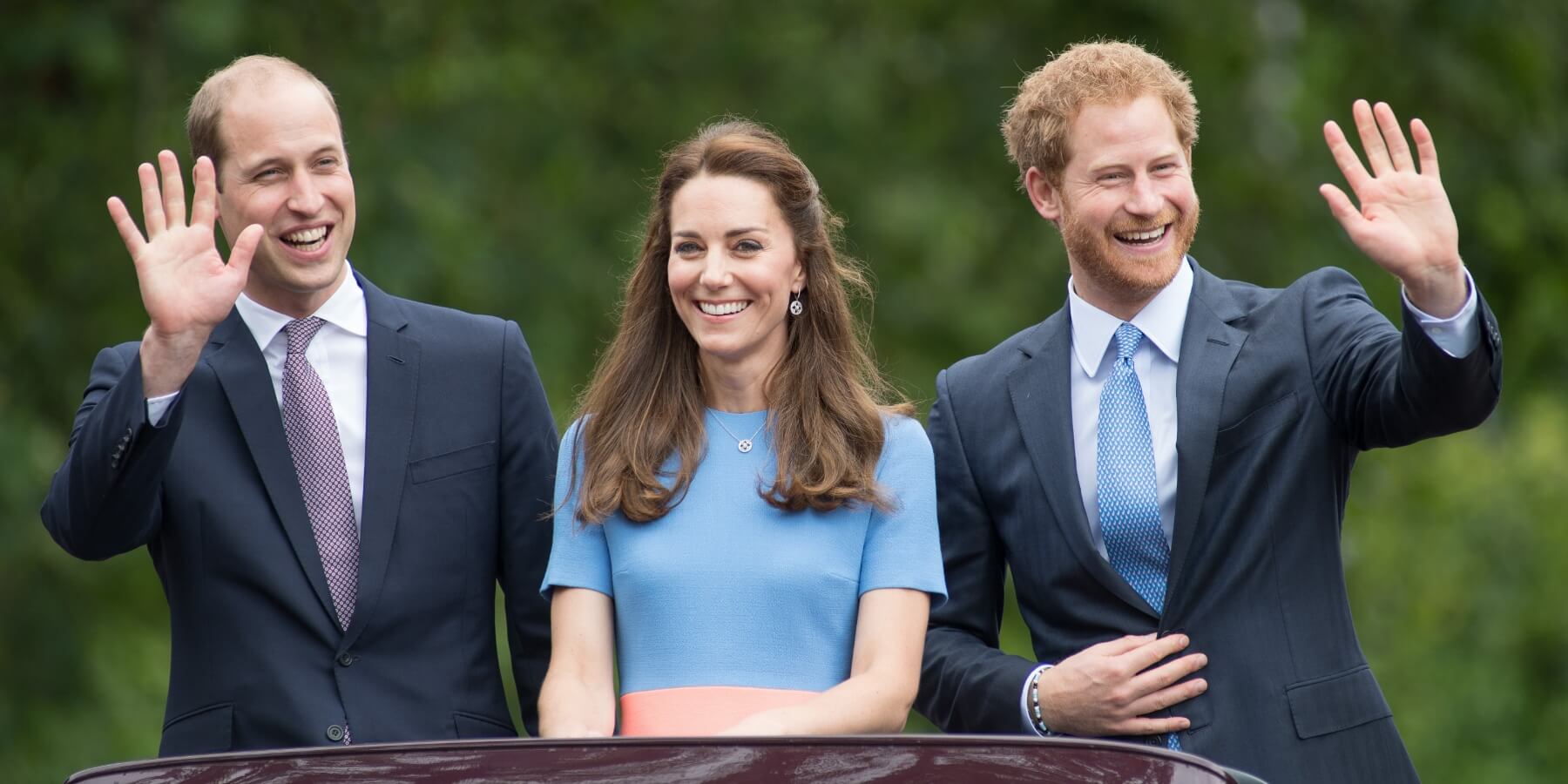 Prince William, Kate Middleton and Prince Harry photographed at celebrations for The Queen's 90th birthday at The Mall on June 12, 2016 in London, England.