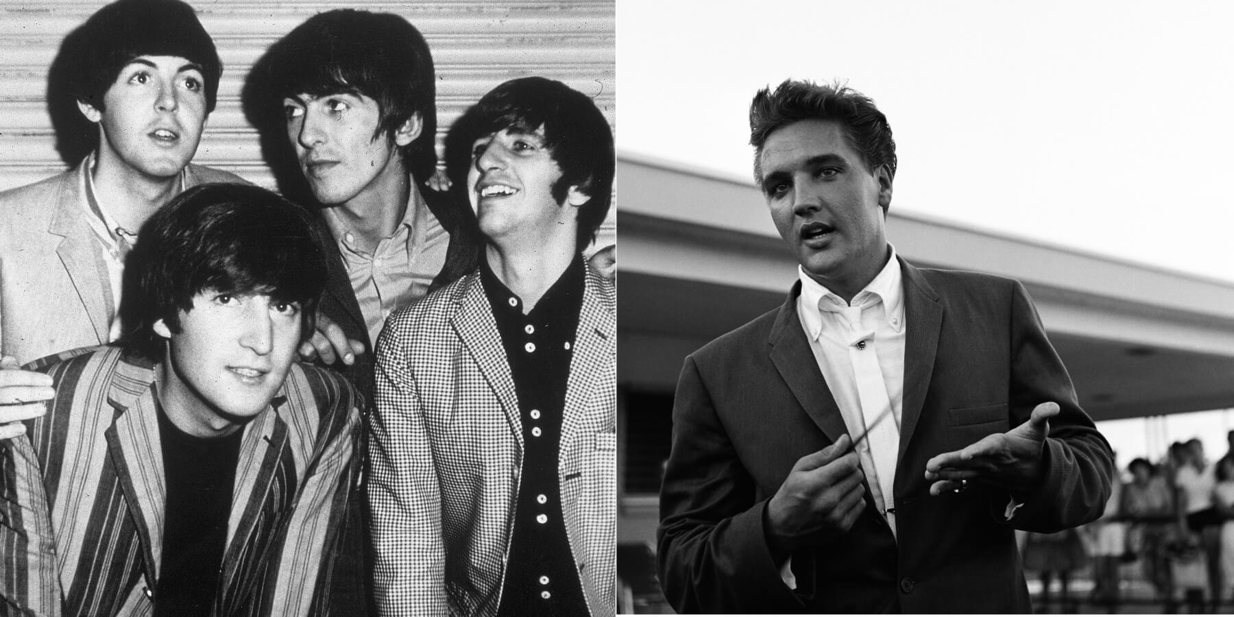 The Beatles pose while in Los Angeles, California, circa 1965 and Elvis Presley is photographed in Florida that same year.