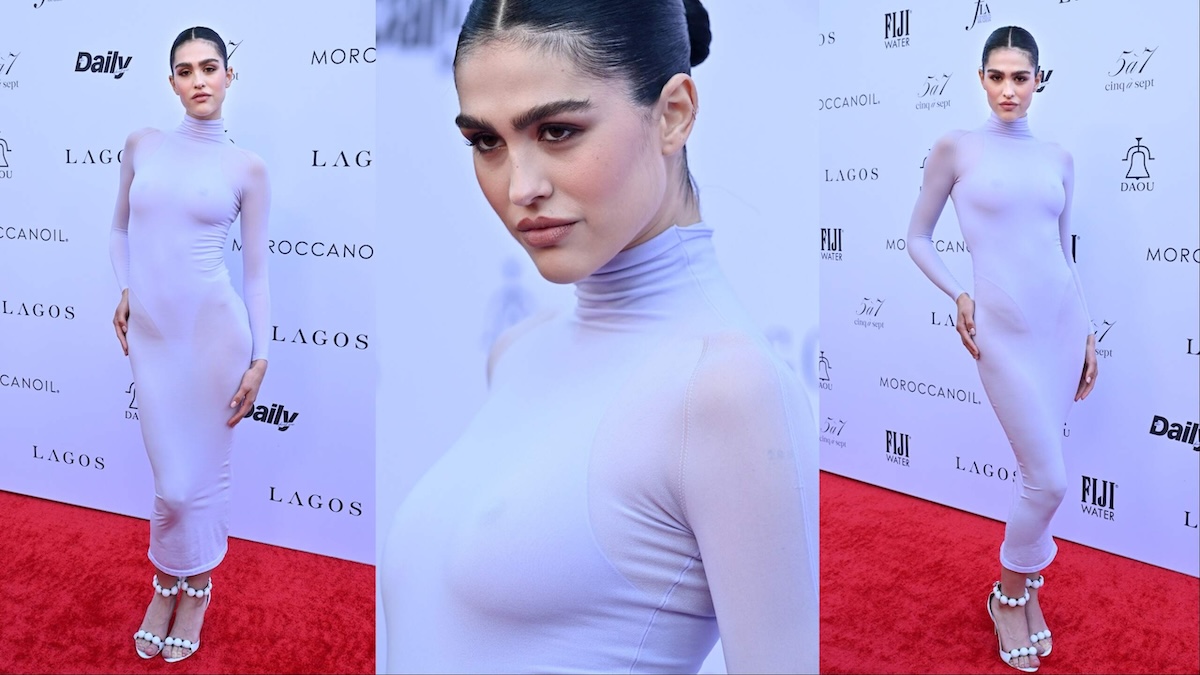 Model Amelia Gray wears a white bodysuit to the Fashion Los Angeles Awards