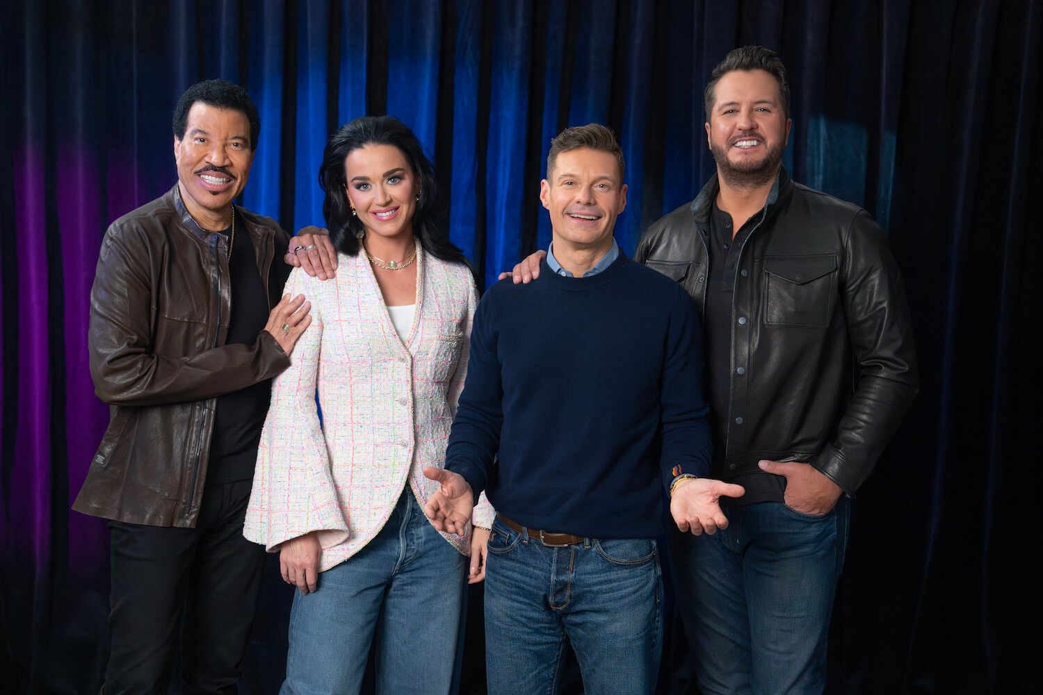 Lionel Richie, Katy Perry, Ryan Seacrest, and Luke Bryan from 'American Idol' Season 22 standing together and smiling