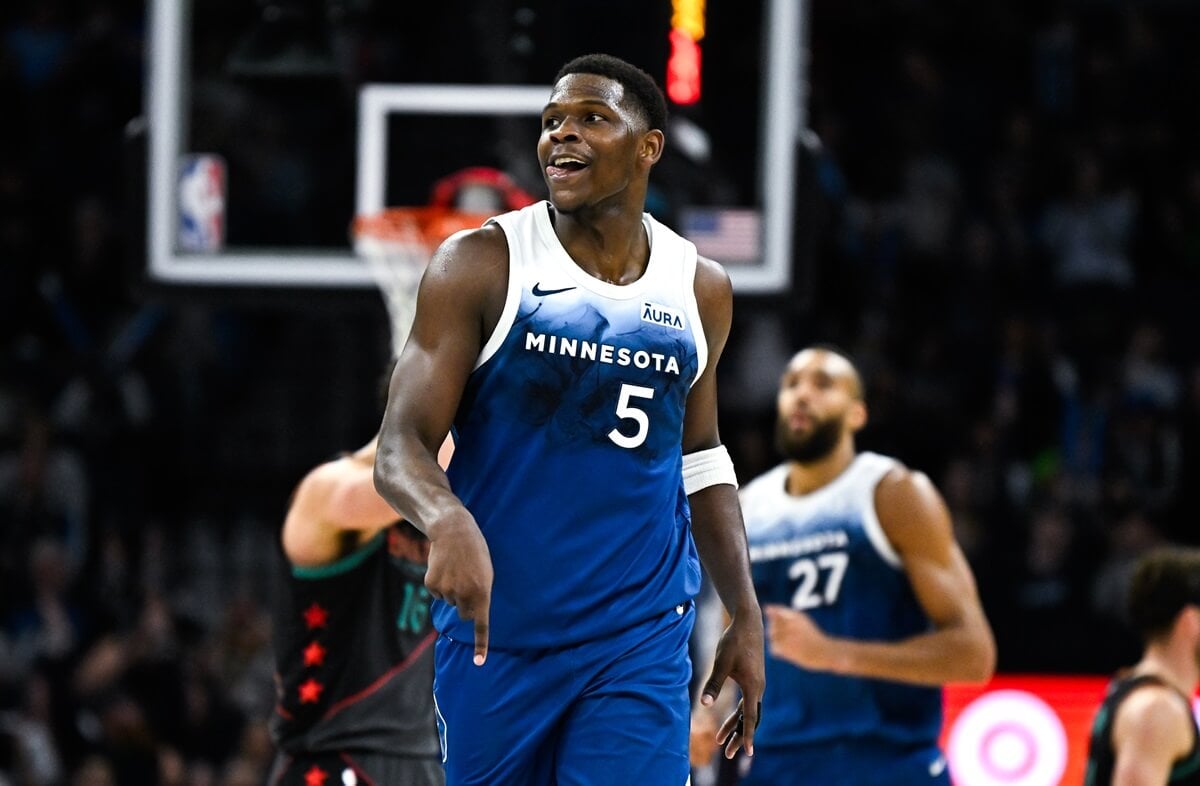 Anthony Edwards reacts after a play in the fourth quarter in a game against the Washington Wizards