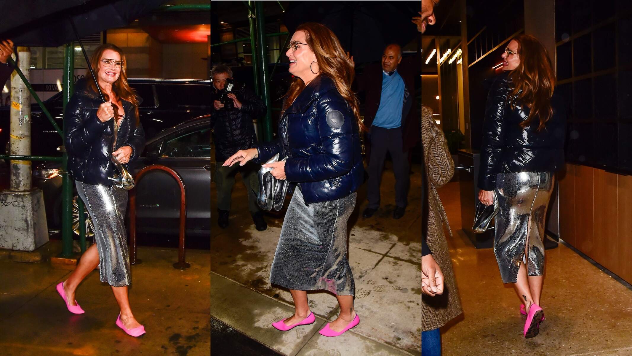 Former model Brooke Shields wears a silver dress and pink shoes while walking on an NYC street