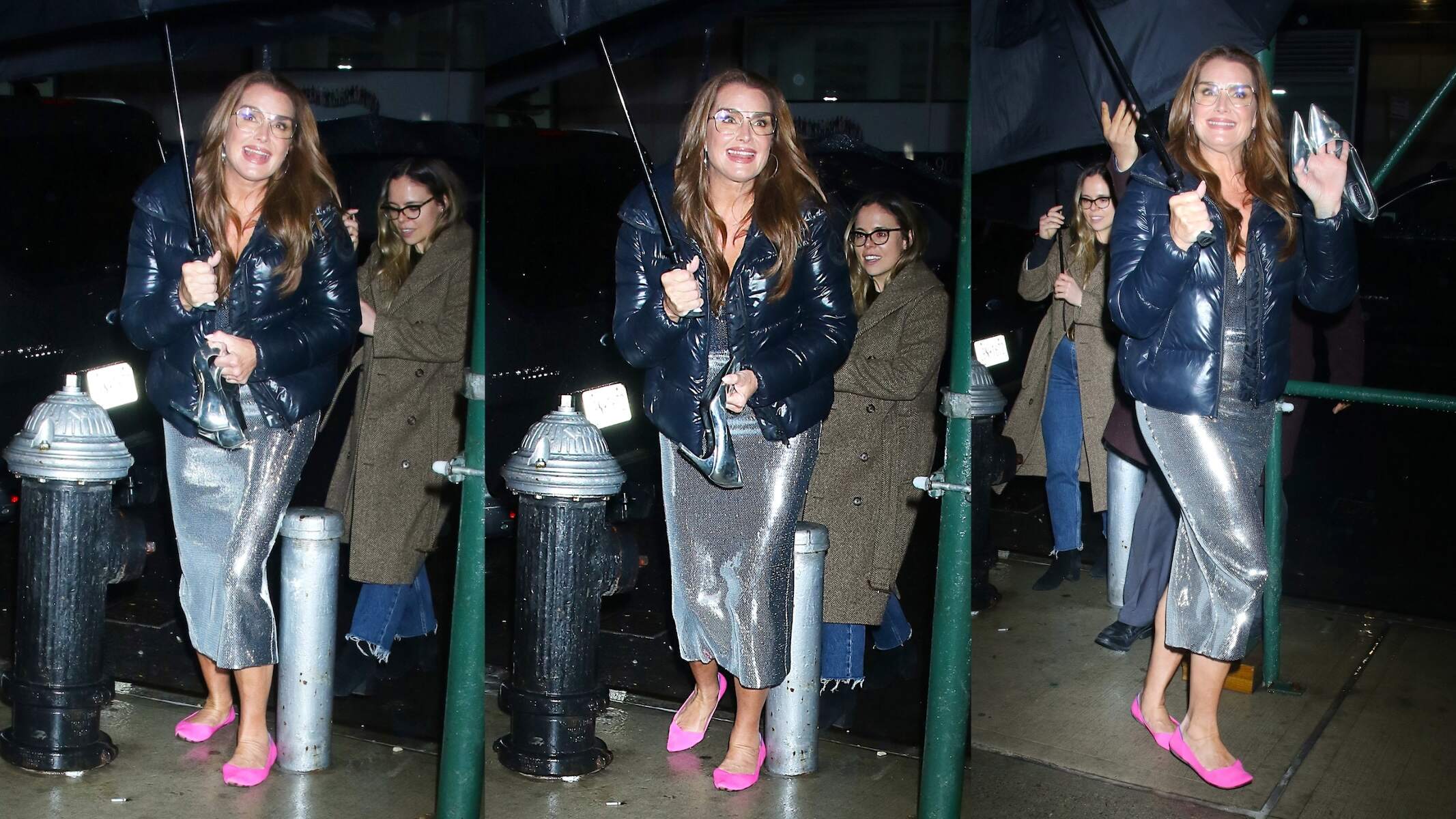 Former model Brooke Shields wears a silver dress and pink shoes while walking on an NYC street