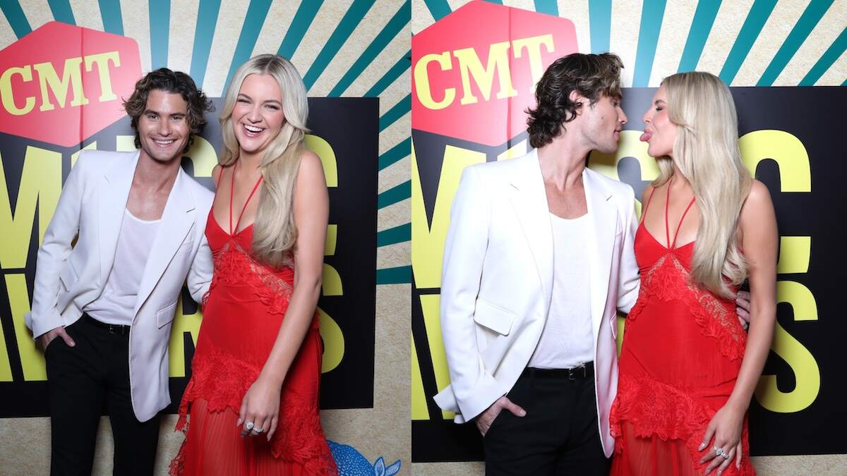 Singer/songwriter Kelsea Ballerini and actor Chase Stokes laugh on the red carpet for the 2024 CMT Awards