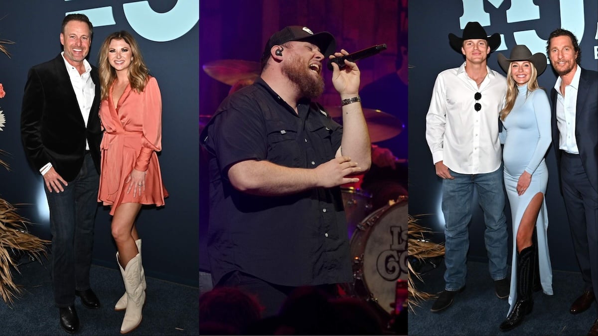 SIde by side photos of Chris Harrison and Lauren Zima; Luke Combs; and Parker McCollum and Hallie Ray Light McCollum enjoying themselves at the Mack, Jack & McConaughey Gala