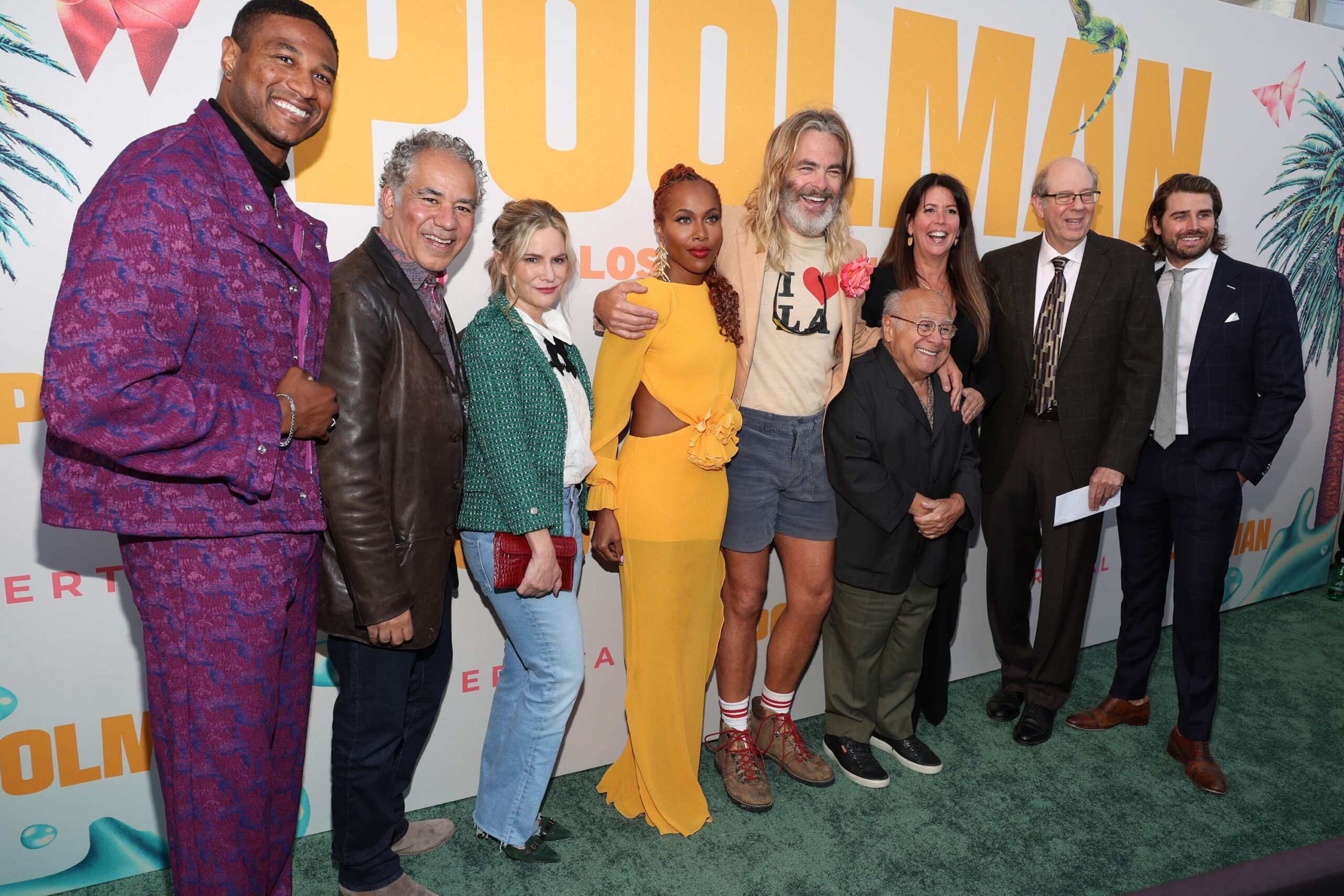 The cast of 'Poolman' poses for a photo on the red carpet at the movie premiere in LA