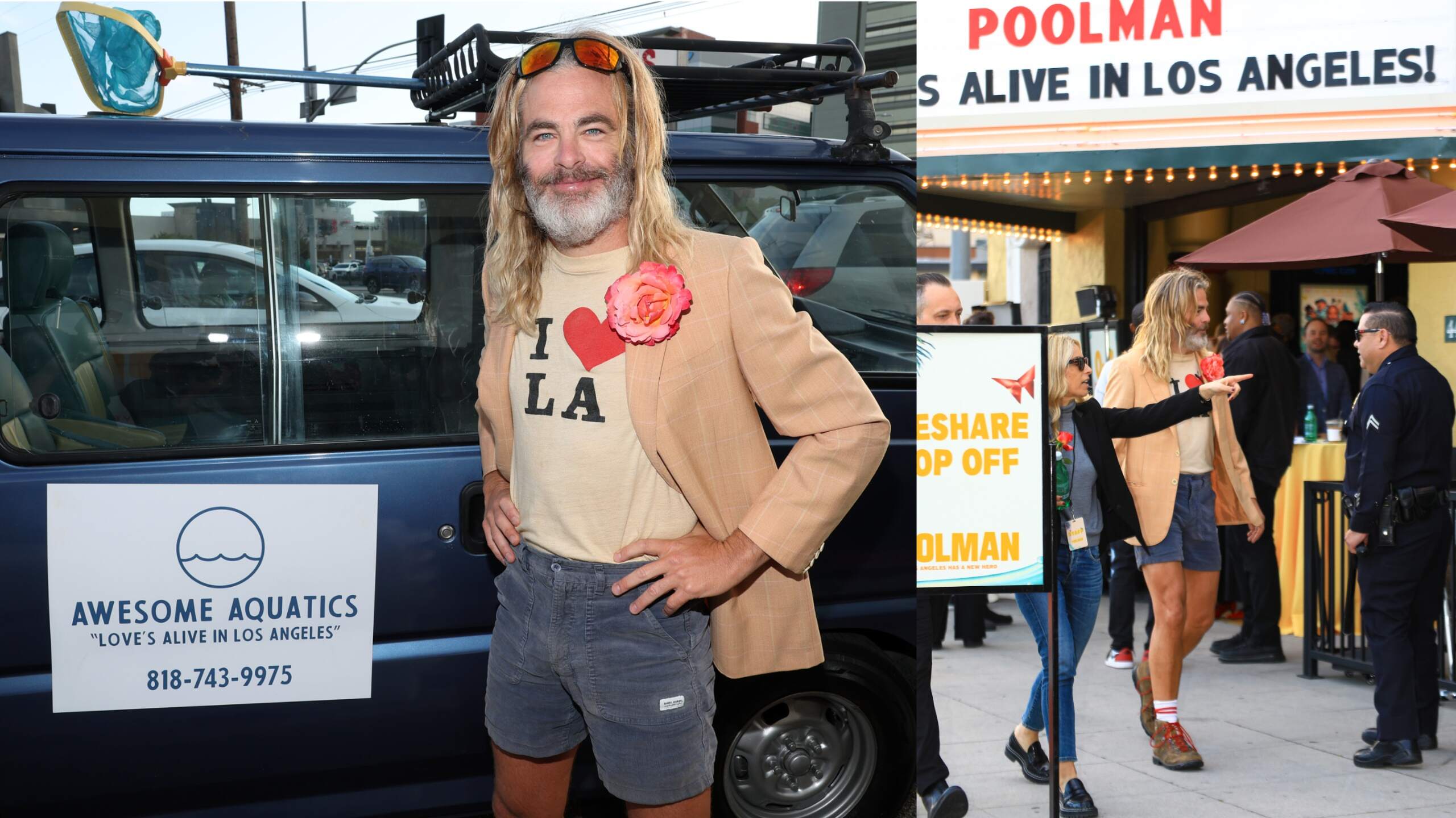Wearing a jacket and corduroy shorts, Chris Pine stands outside of the van from 'Poolman' at the LA premiere of the film