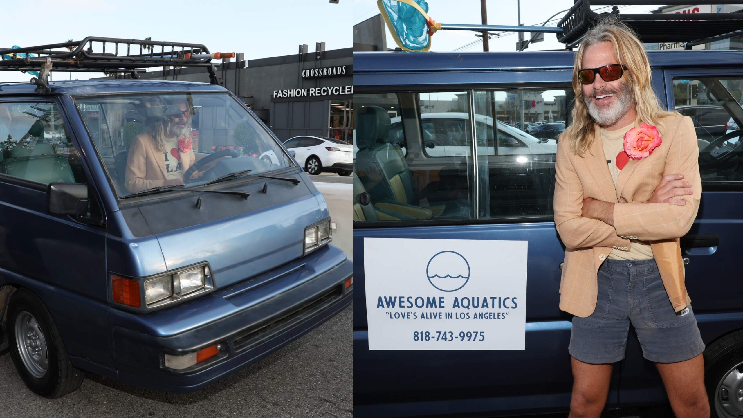 Wearing a jacket and corduroy shorts, Chris Pine stands outside of the van from 'Poolman' at the LA premiere of the film