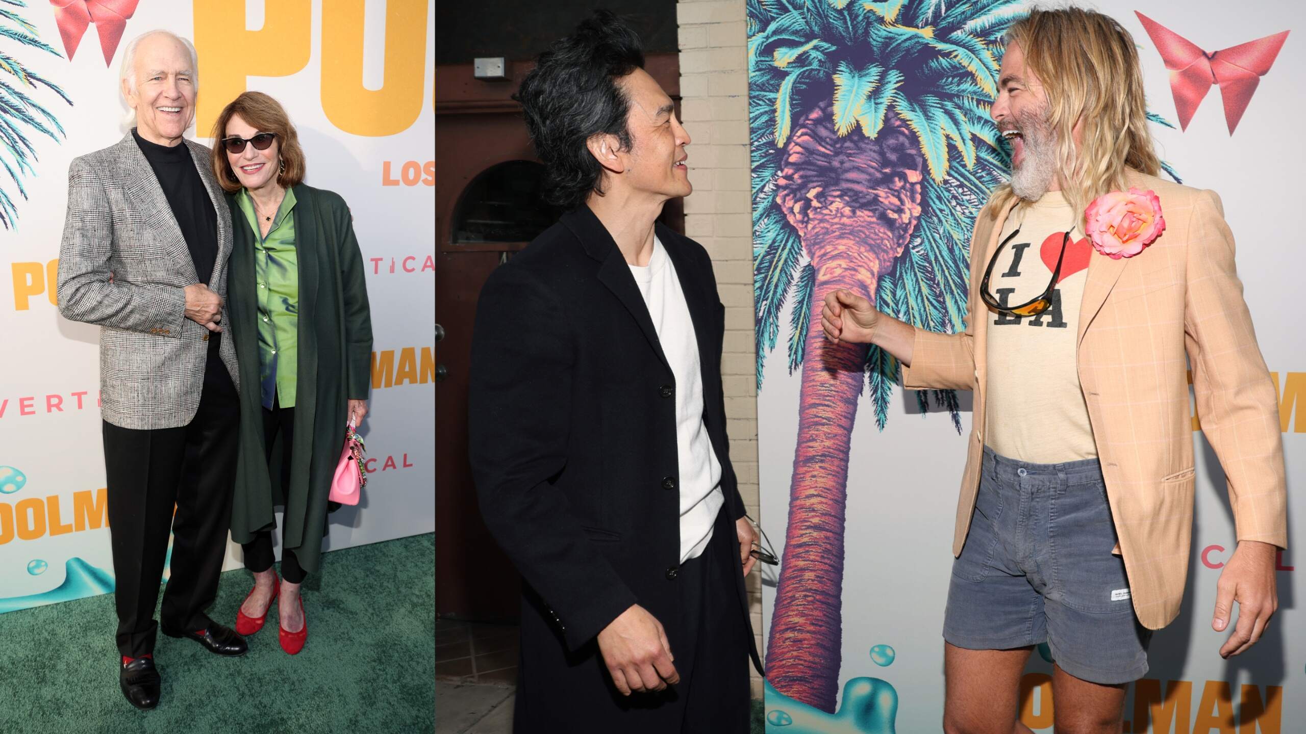 A photo of Chris Pine's parents Robert and Gwynne at his 'Poolman' premiere alongside a photo of John Cho and Chris Pine laughing at the premiere