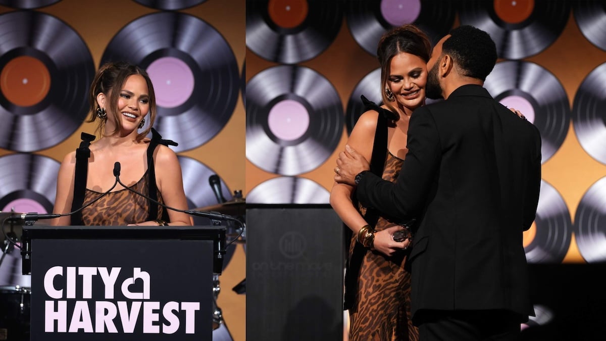 Model Chrissy Teigen speaks onstage as City Harvest Presents The 2024 Gala and then John Legend kisses her on stage