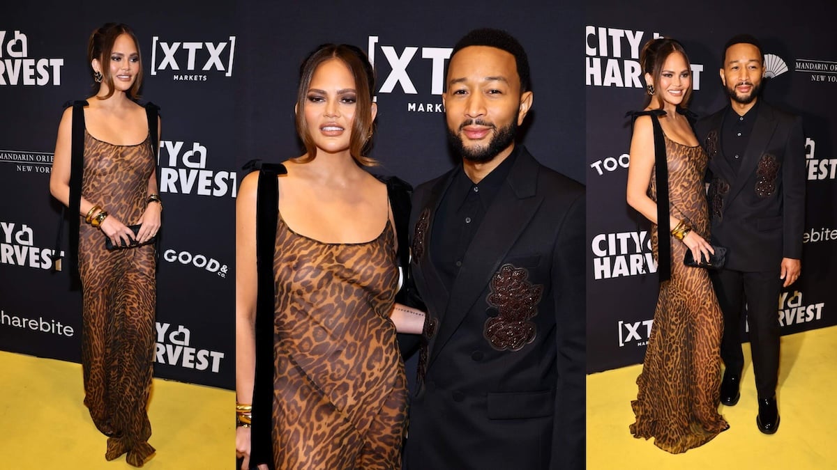 Married couple Chrissy Teigen and John Legend wear formalwear and pose for a photo