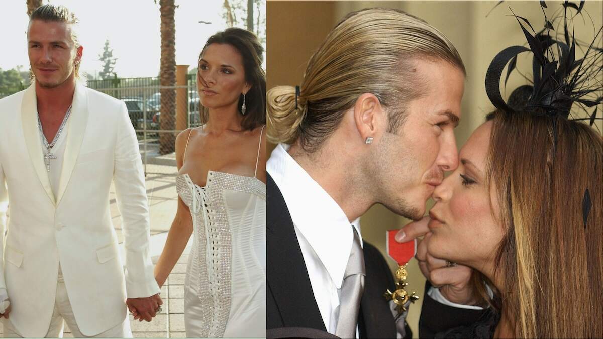 Dating couple David and Victoria Beckham hold hands and kiss each other in 2003