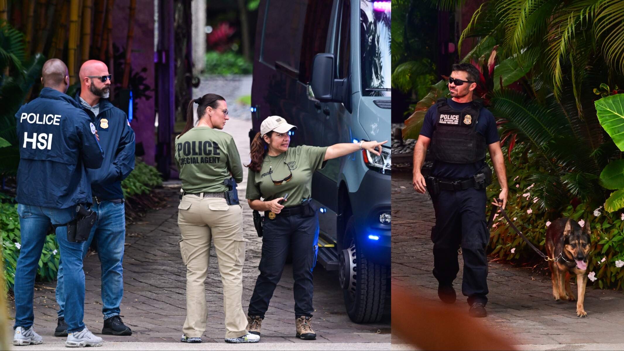 Homeland Security Investigation agents are seen at the entrance of musician Sean "Diddy" Combs's home