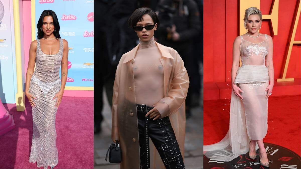 Three photos of celebrites, Dua Lipa, Taylor Russell, and Florence Pugh, in nipple-baring outfits