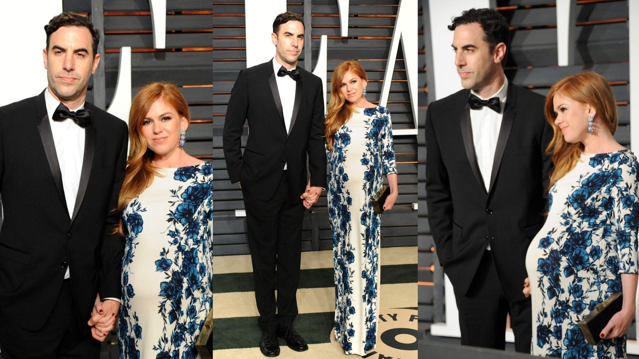 Sacha Baron Cohen in a black tuxedo and a pregnant Isla Fisher in a white and blue dress attend the 2015 Vanity Fair Oscar Party