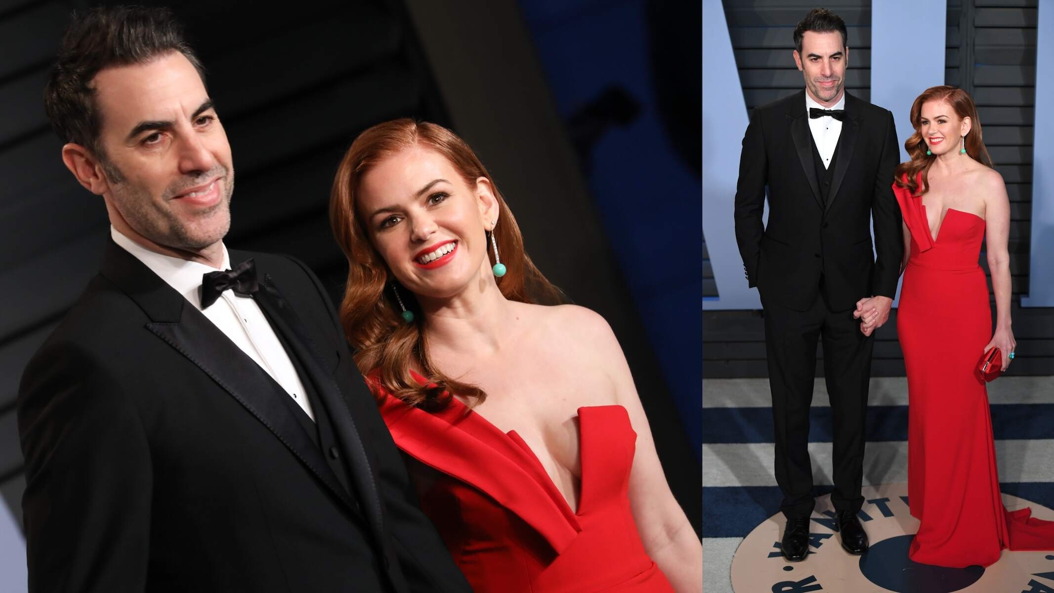 Wearing a black tuxedo Sacha Baron Cohen stands with his wife Isla Fisher, who's wearing a red gown, at the 2018 Oscar Party