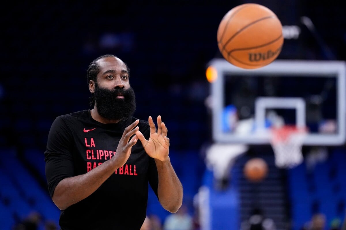 James Harden warms up prior to a game
