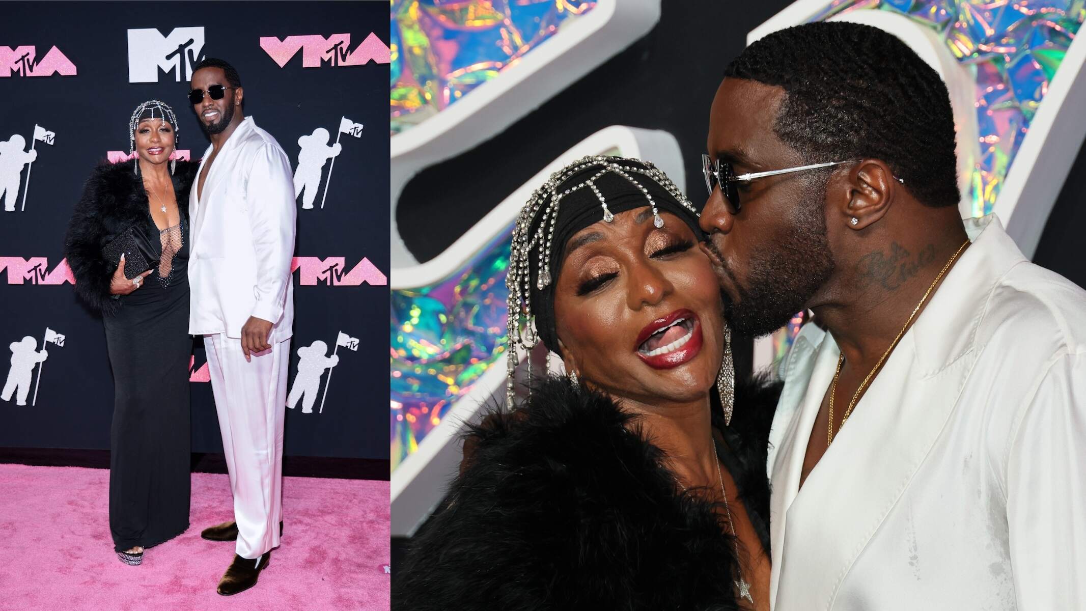 Diddy and his mom Janice Combs smile together on the red carpet at the 2023 MTV Video Music Awards