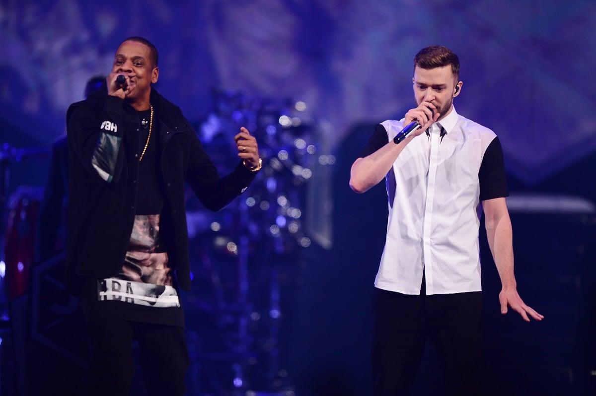 Jay-Z and Justin Timberlake performing on stage together.