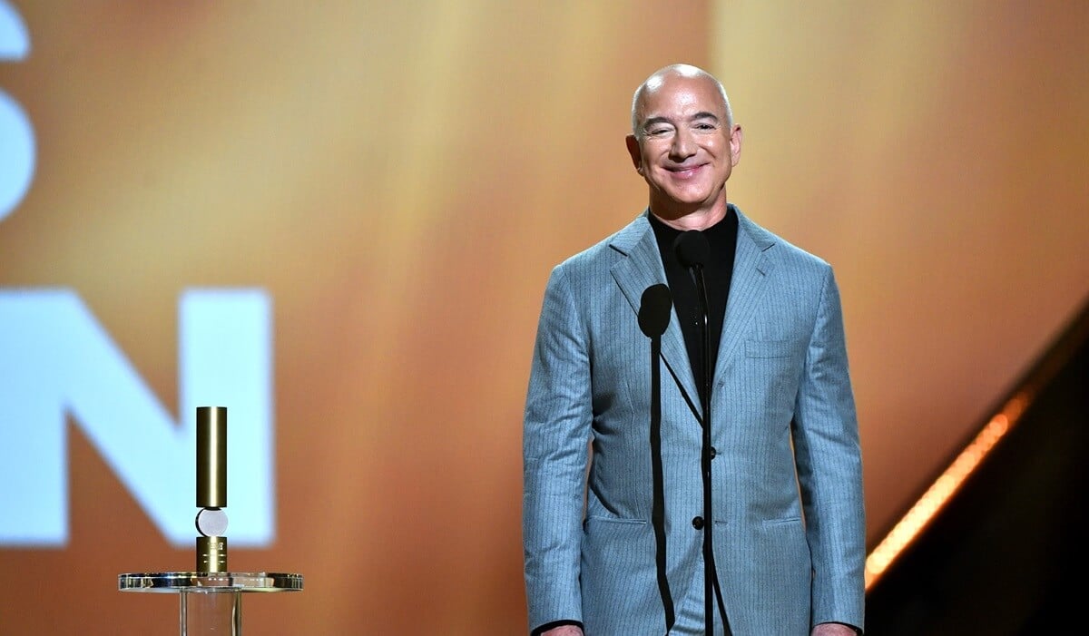 Jeff Bezos speaks on stage during the 2021 People's Choice Awards