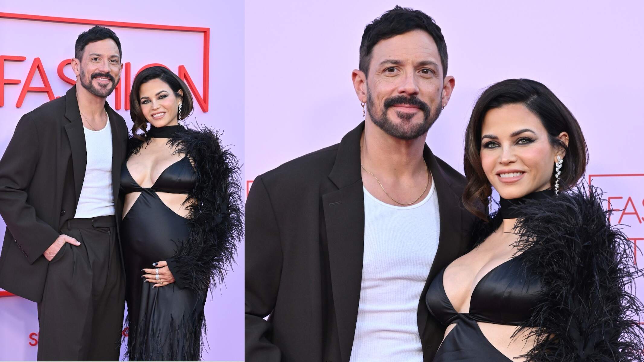 Couple Steve Kazee and a pregnant Jenna Dewan wear a black suit and black gown at an award show