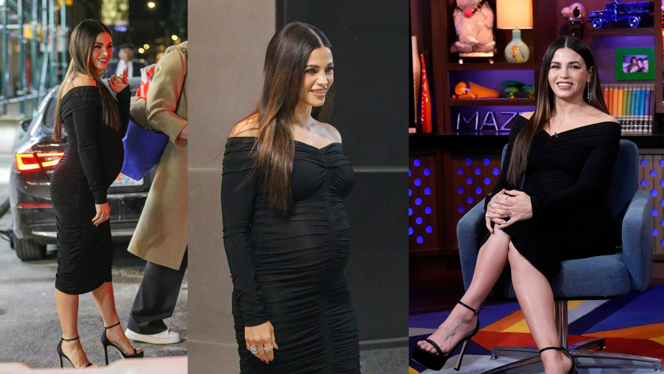 Wearing a black dress, a pregnant Jenna Dewan walks in Manhattan and is seated inside Bravo studios