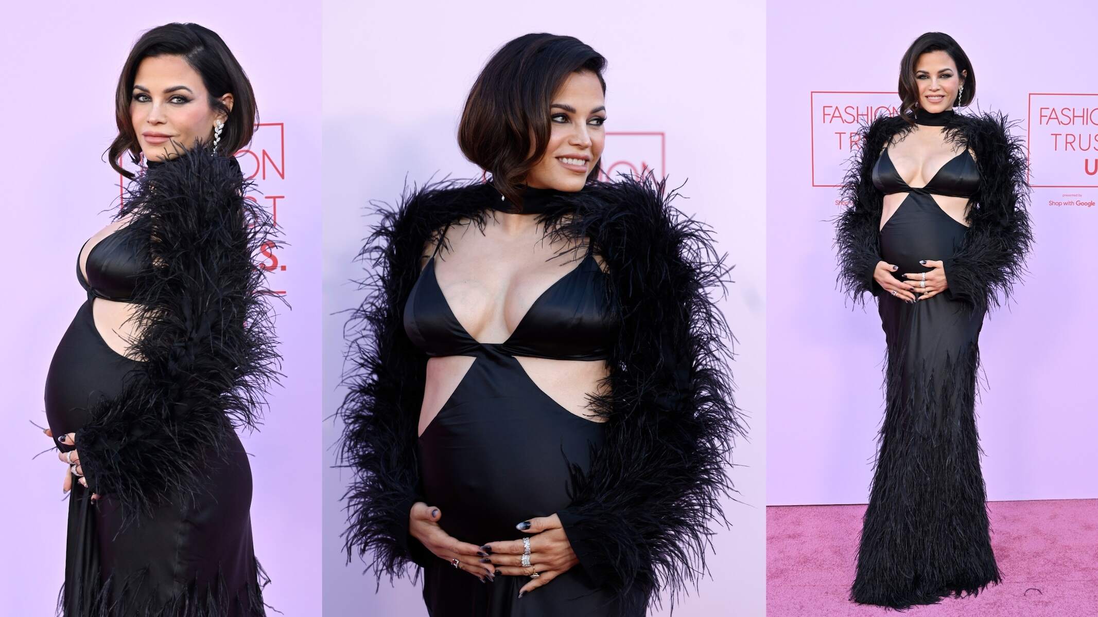 Actor Jenna Dewan smiles for cameras while wearing a black feather gown in the late stage of her pregnancy