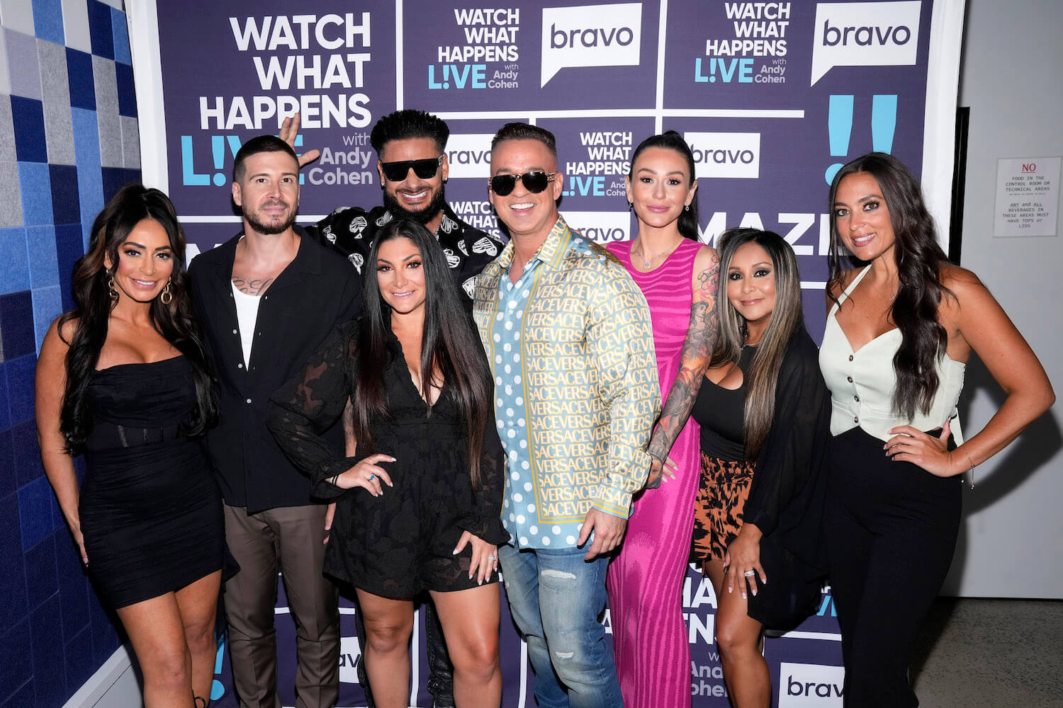 'Jersey Shore: Family Vacation' stars Angelina Pivarnick, Vinny Guadagnino, Deena Nicole Cortese, Paul 'DJ Pauly D' Delvecchio, Mike 'The Situation' Sorrentino, Jenni 'JWOWW' Farley, Nicole 'Snooki' Polizzi, and Sammi 'Sweetheart' Giancola standing next to each other and smiling