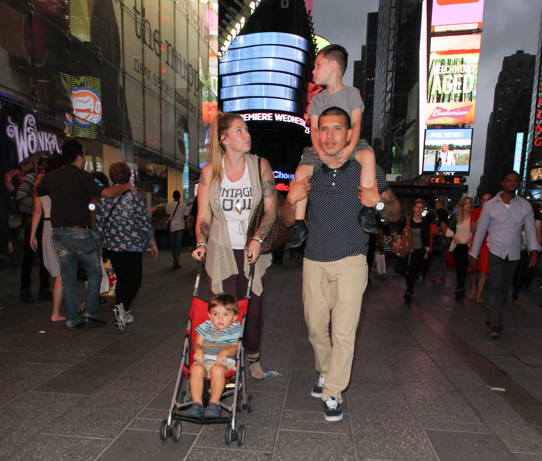 Teen Mom 2's Kailyn Lowry, Javi Marroquin, and sons Lincoln and Isaac Marroquin walking around New York City