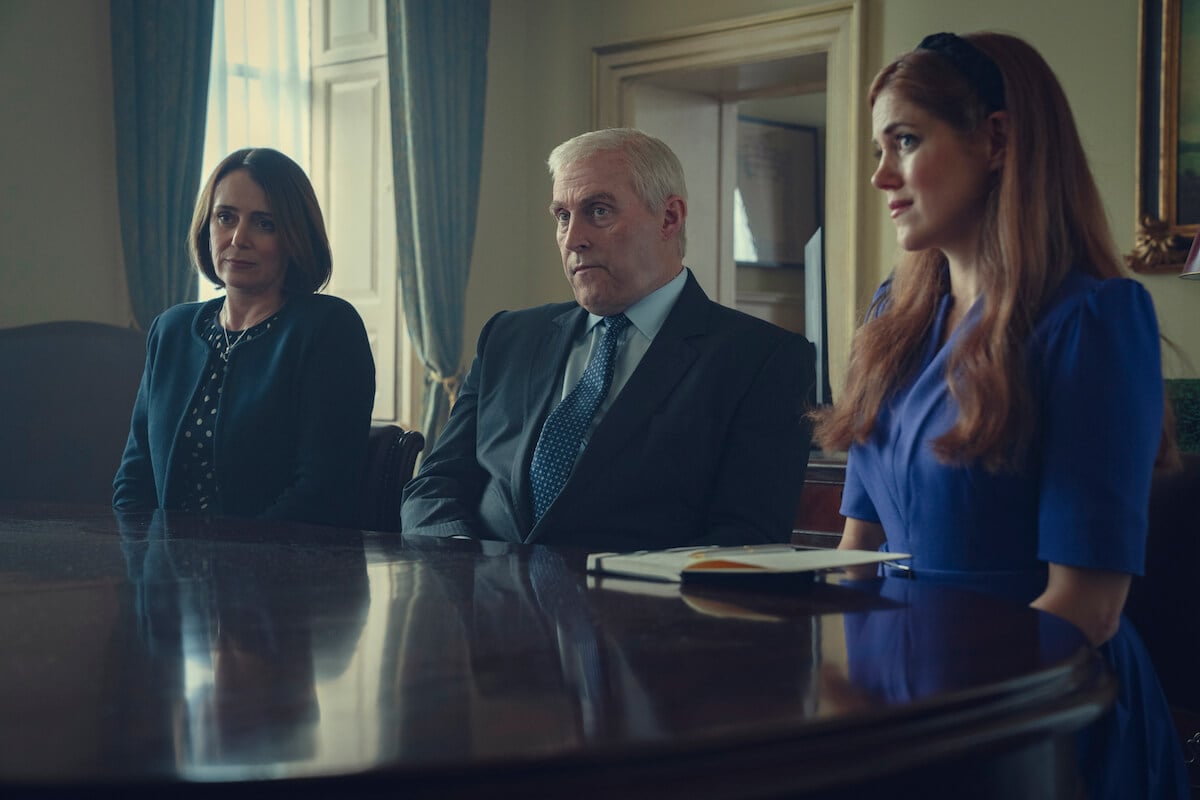 Keeley Hawes, Rufus Sewell, and Charity Wakefield as Princess Beatrice in Netflix's 'Scoop'