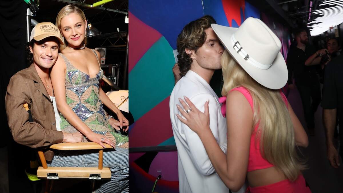 Singer/songwriter Kelsea Ballerini and actor Chase Stokes kiss backstage at the 2024 CMT Awards