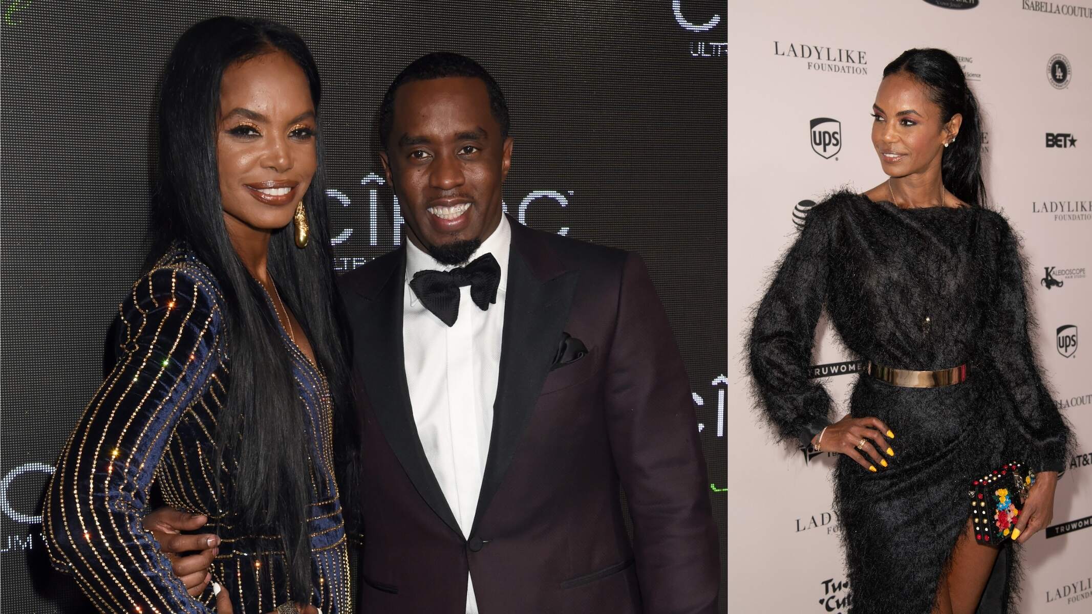 A photo of Kim Porter and Diddy in formalwear alongside a photo of Kim in a black gown