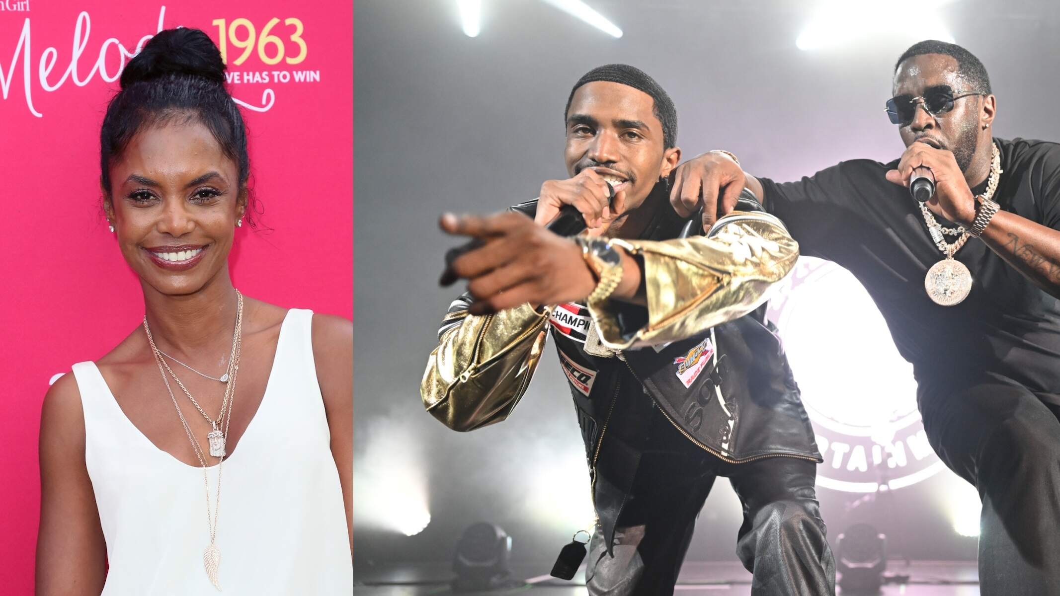 A photo of Kim Porter in a white top alongside a photo of King Combs and Diddy rapping on a stage