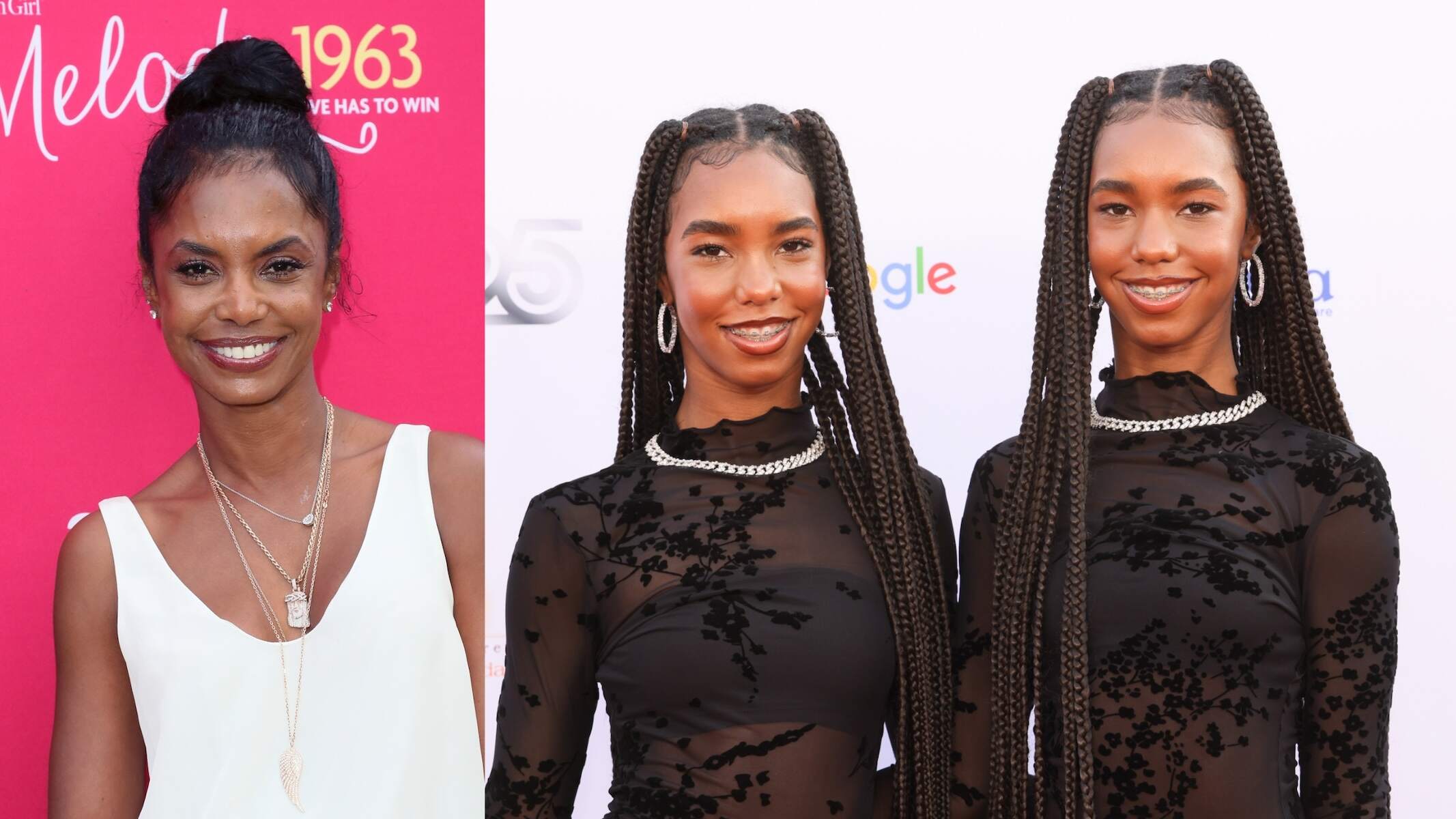 A photo of Kim Porter in a white top alongside a photo of Jessie and D'Lila in black lace dresses