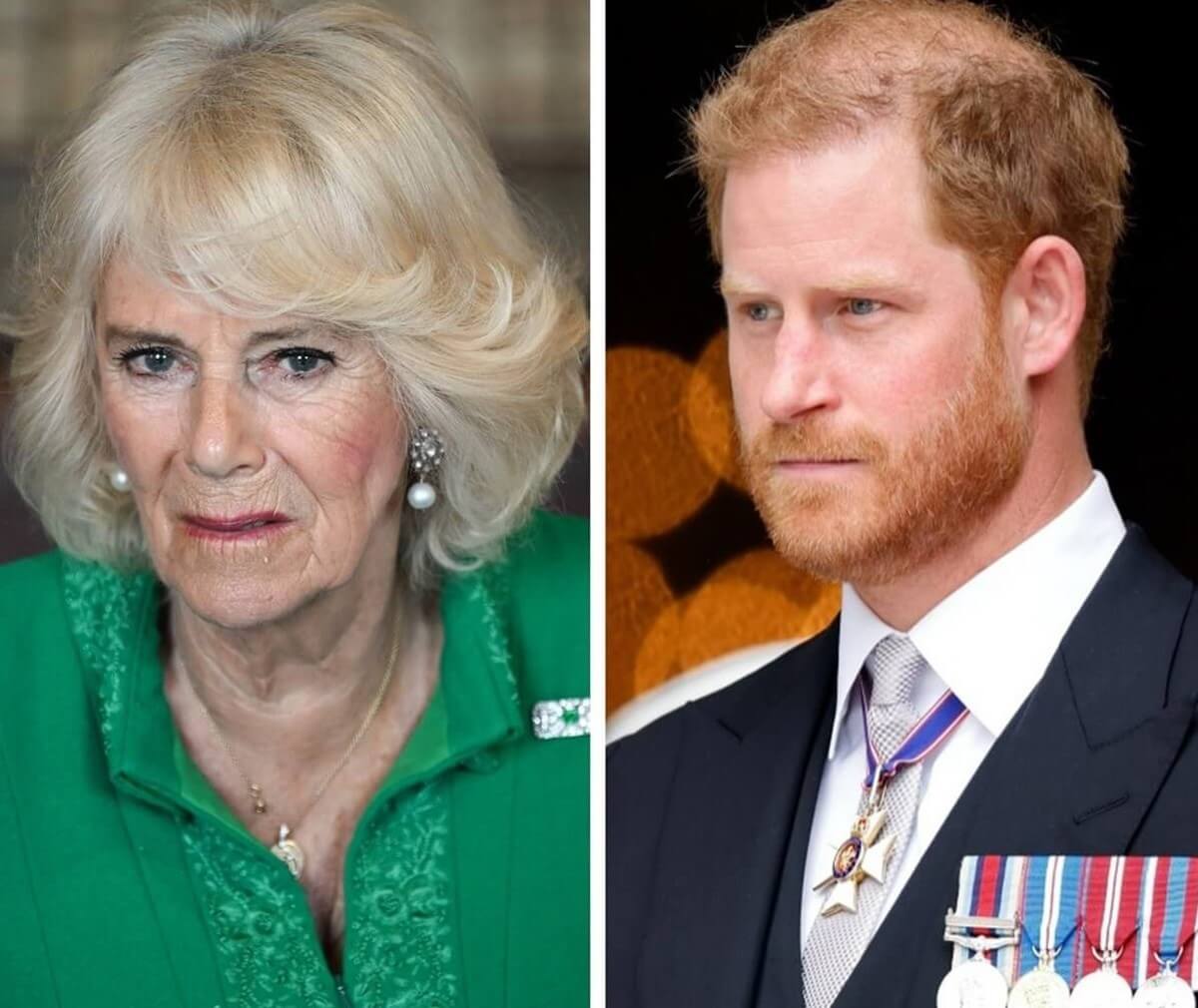 (L) Queen Camilla at a library in Northern Ireland, (R) Prince Harry during a Service of Thanksgiving for Queen Elizabeth