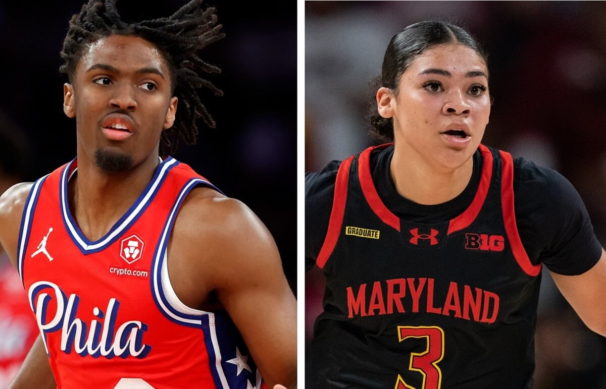 (L) Tyrese Maxey of the Philadelphia 76ers, (R) Lavender Briggs of the Maryland Terrapins