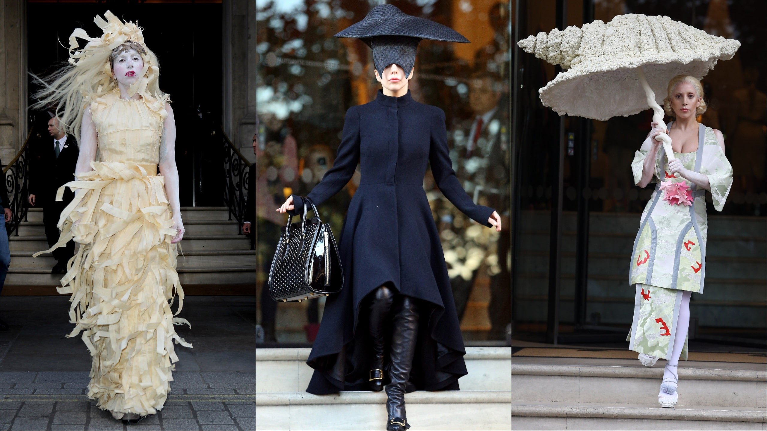 Singer Lady Gaga seen leaving her hotel wearing three different black and white outfits