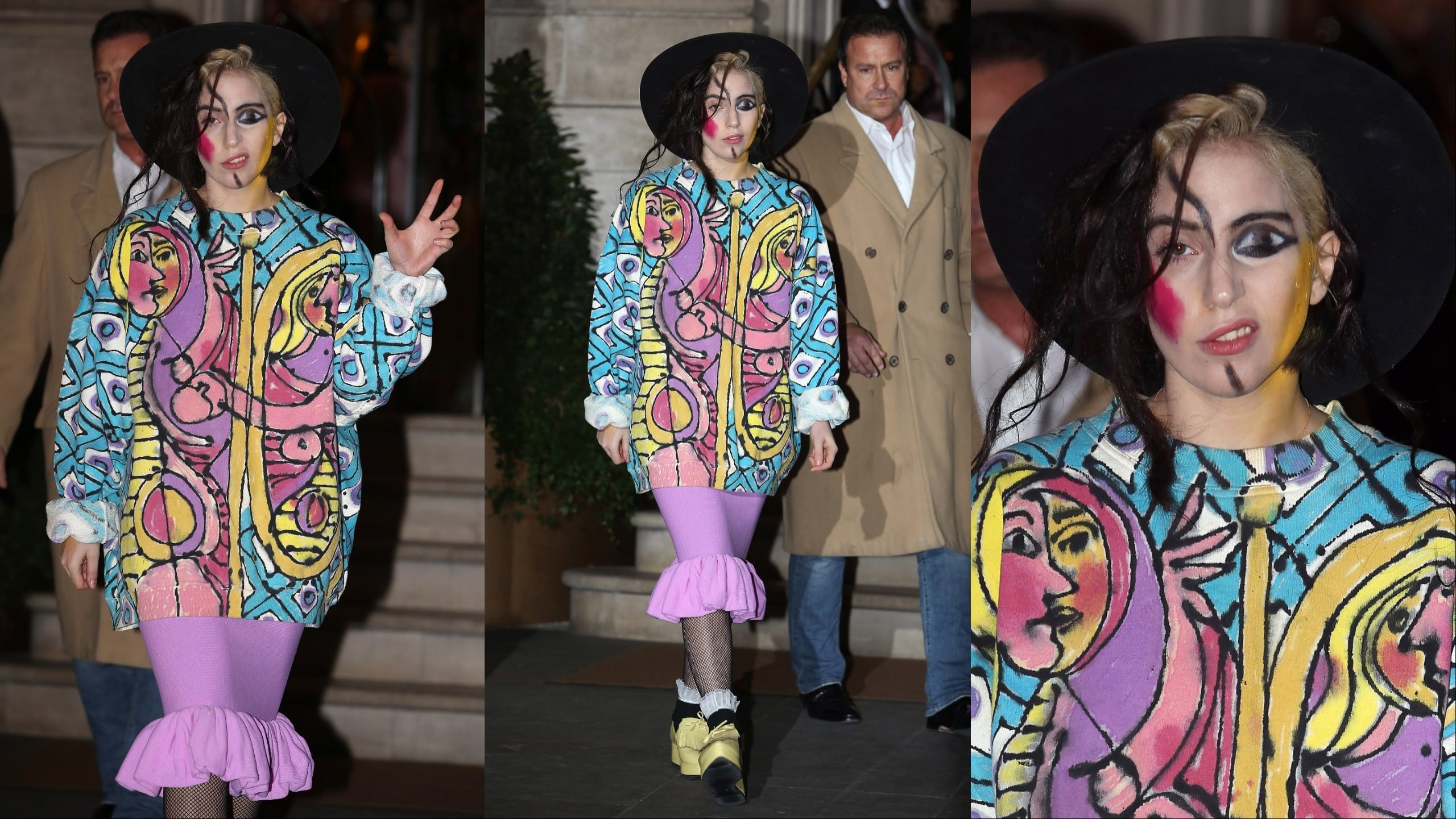 Singer Lady Gaga seen leaving her hotel wear a Picasso-inspired jacket