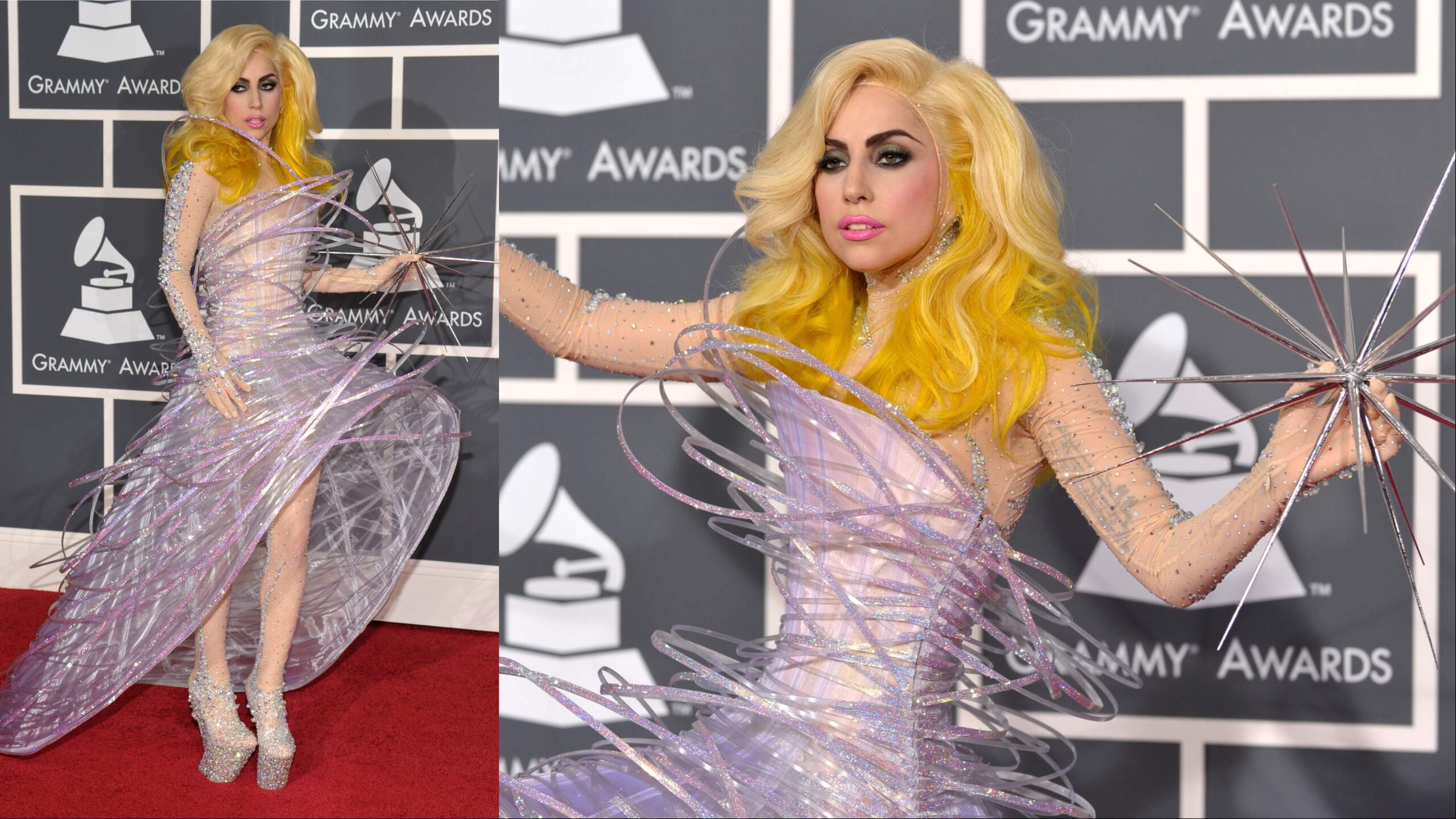 Singer Lady Gaga arrives at the 52nd Annual GRAMMY Awards holding a starburst and wearing a purple dress
