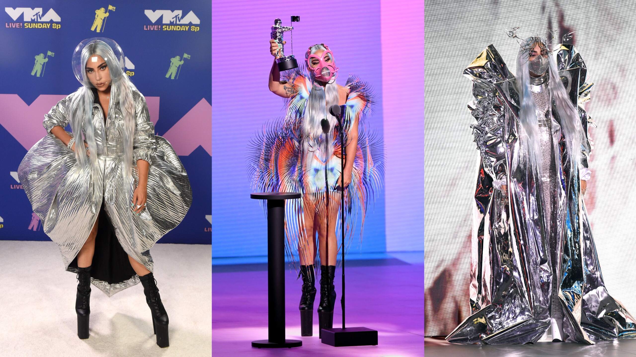 Singer Lady Gaga attends the 2020 MTV Video Music Awards wearing three different chrome outfits