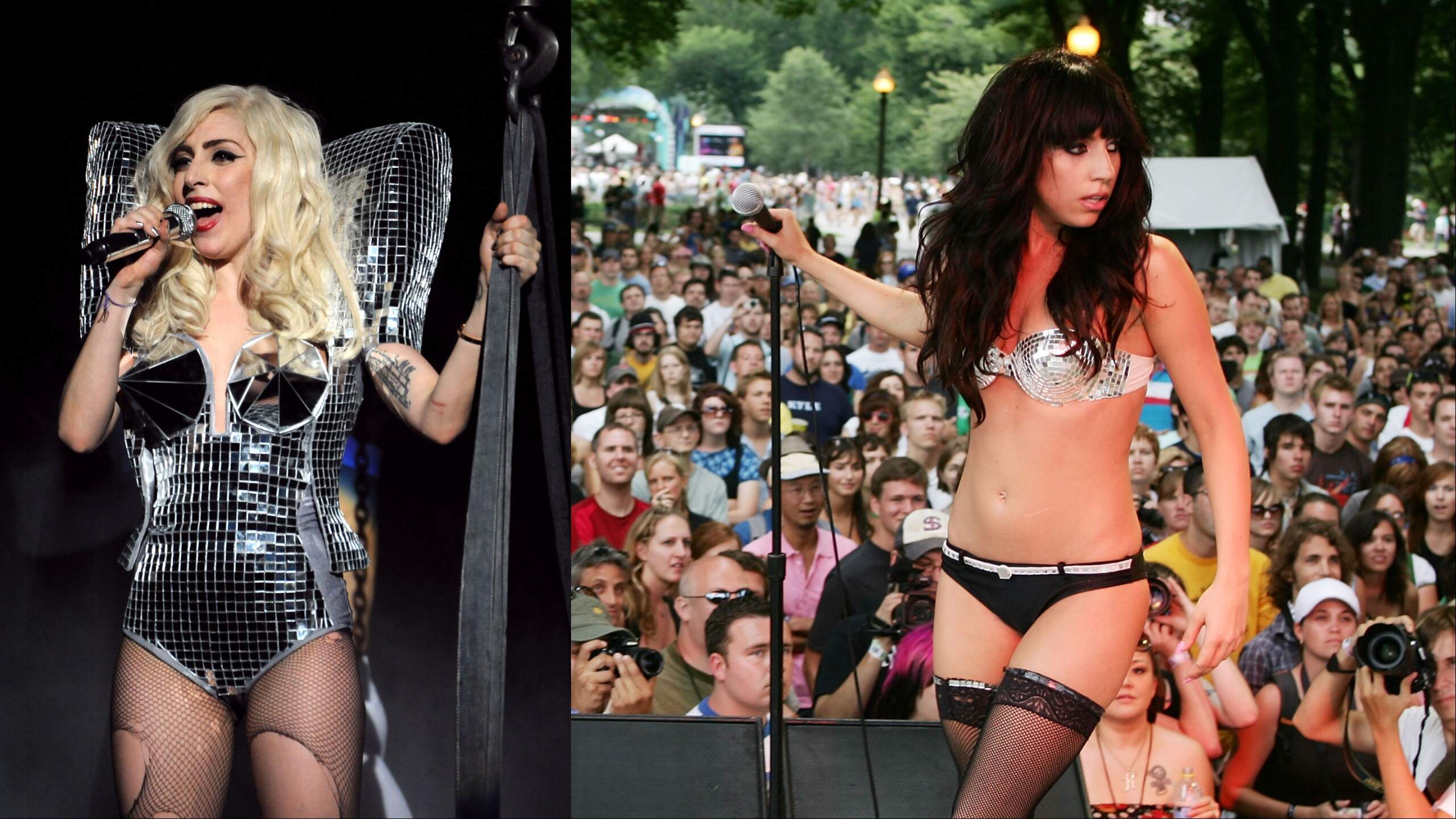 Lady Gaga performs at Nokia Theatre and Lollapalooza in 2009 wearing disco ball outfits
