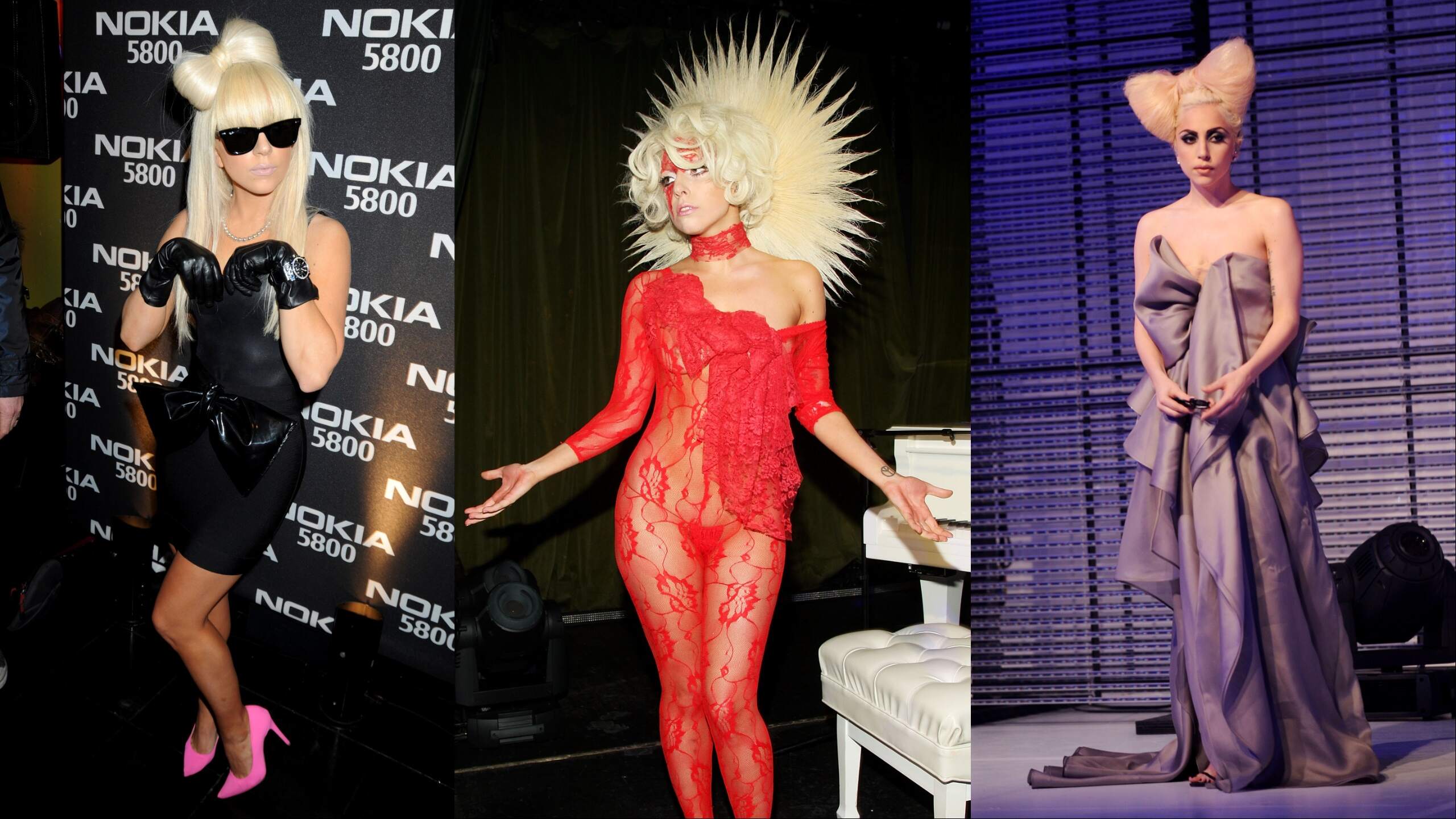 Singer Lady Gaga performs in 2009 at three different events wearing hair bows