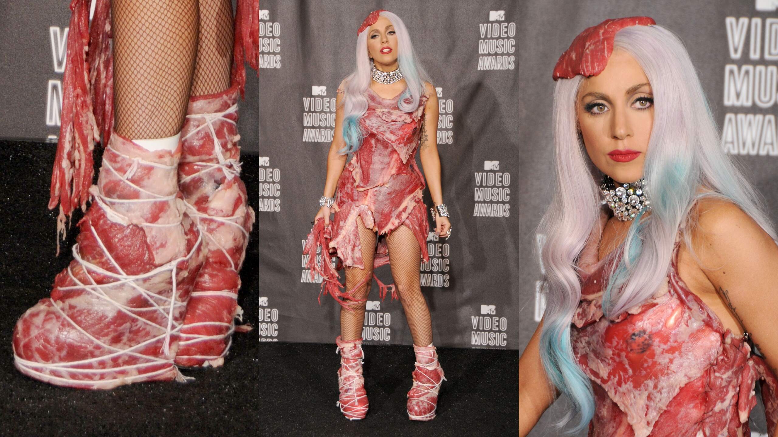 Singer Lady Gaga poses in the press room wearing a full meat dress at the 2010 MTV Video Music Awards