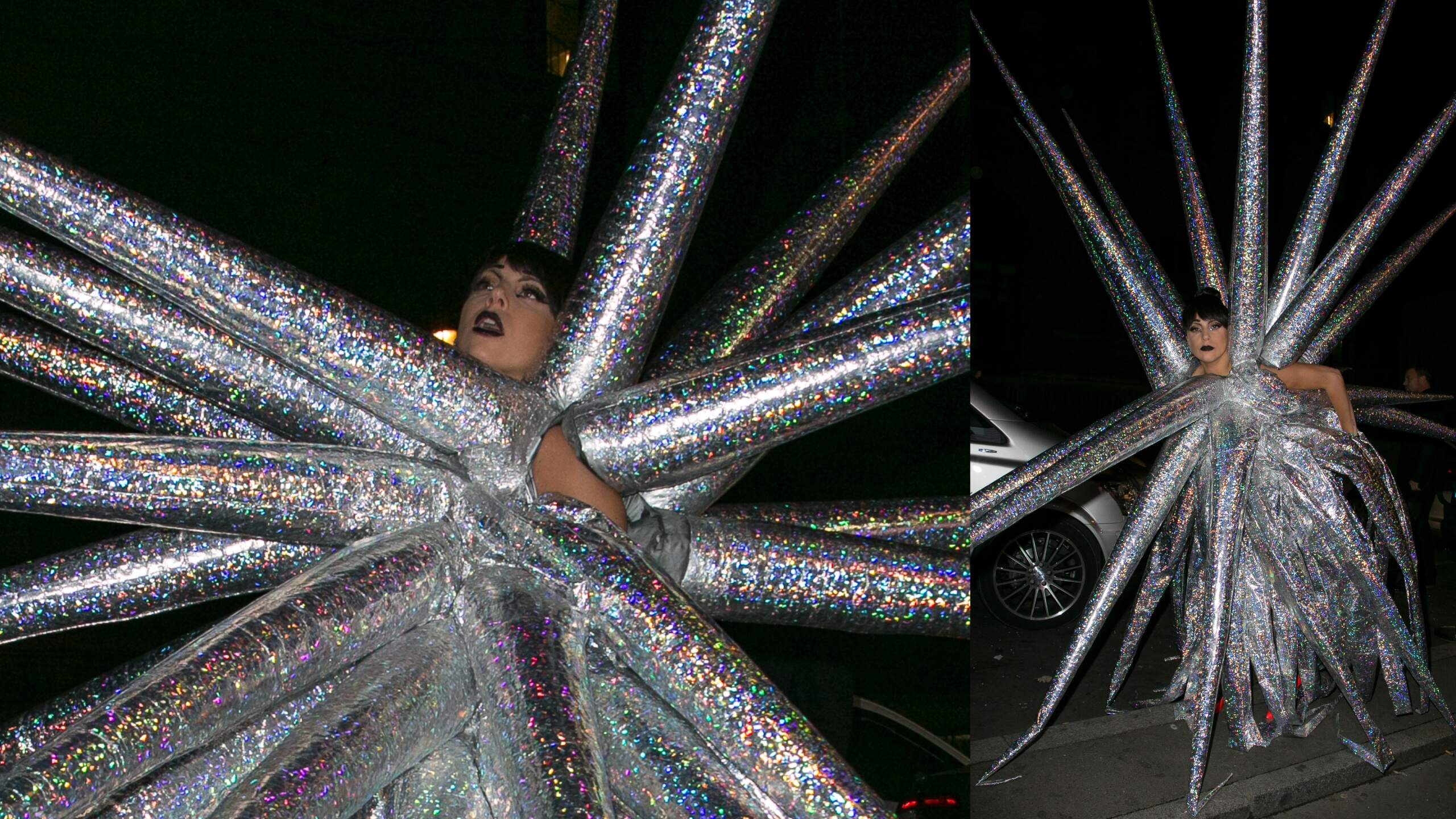 Singer Lady Gaga arrives at the 'VIP ROOM' Club wearing a giant chrome spiky outfit