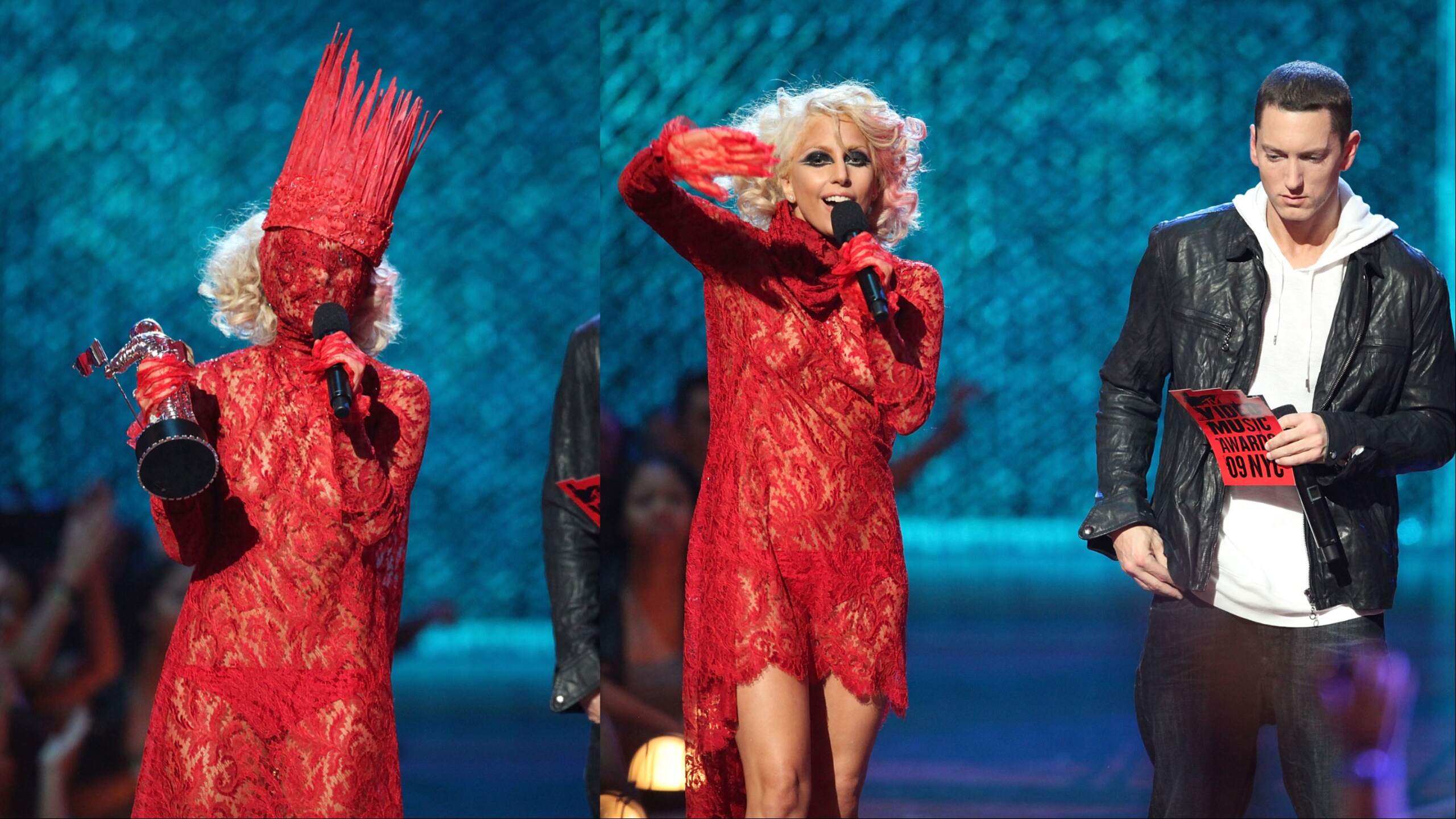 Singer Lady Gaga accepts the award for "Best New Artist" from Eminem during the 2009 MTV Video Music Awards