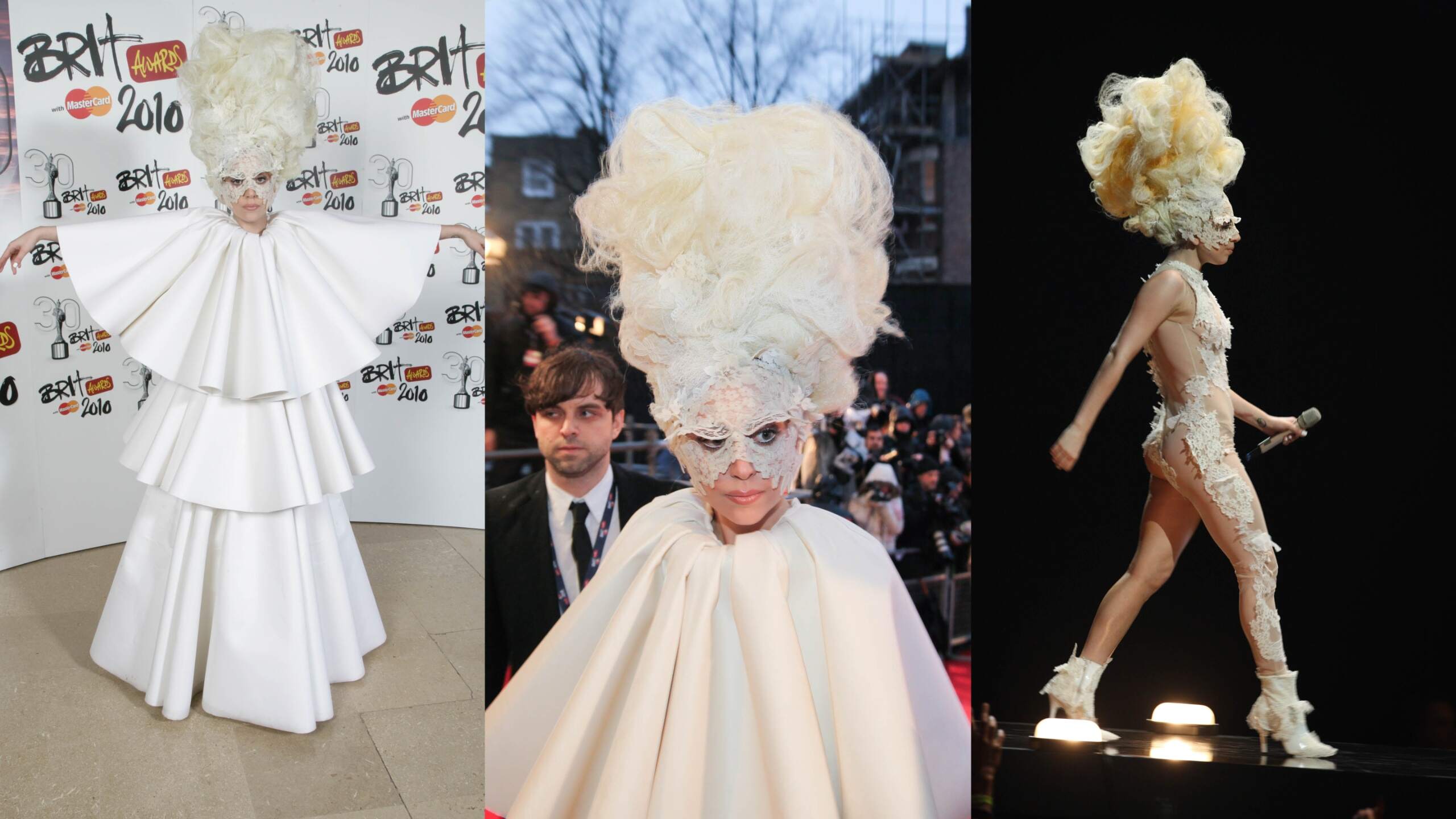 Singer Lady Gaga wears three different white outfits to the 2010 BRIT Awards