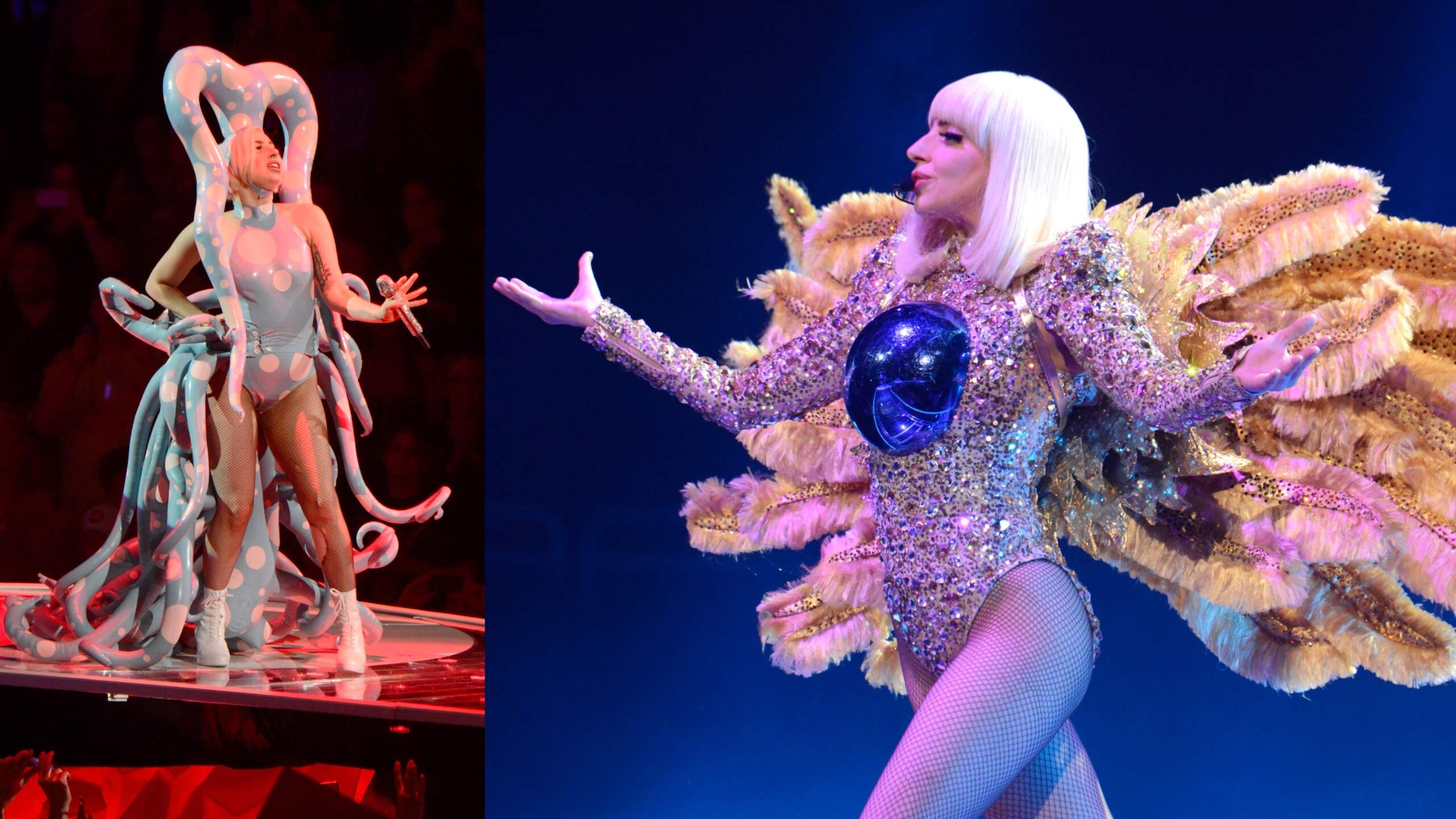 Singer Lady Gaga performs onstage during her artRave: The Artpop Ball wearing an octopus outfit and wings